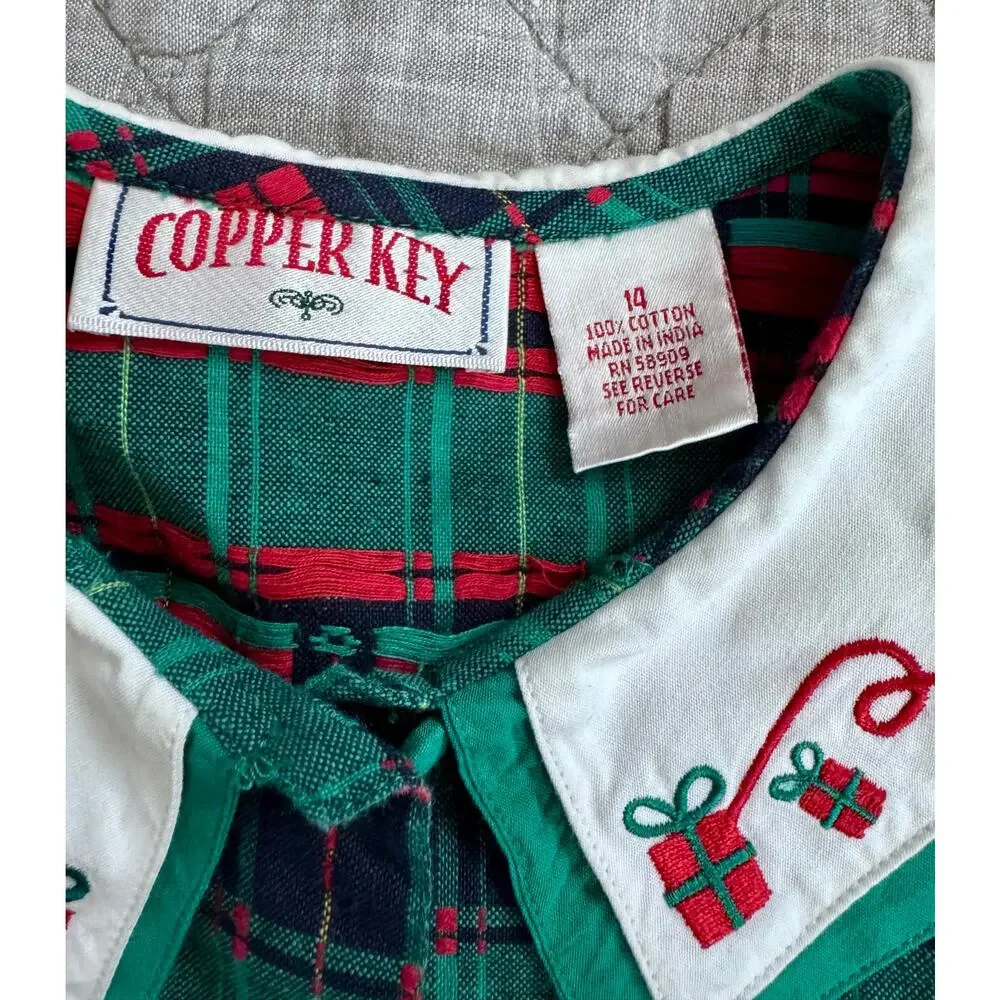 Vtg Copper Key Girl 14 Puritan Collar Christmas Gift Green Plaid Midi Dress